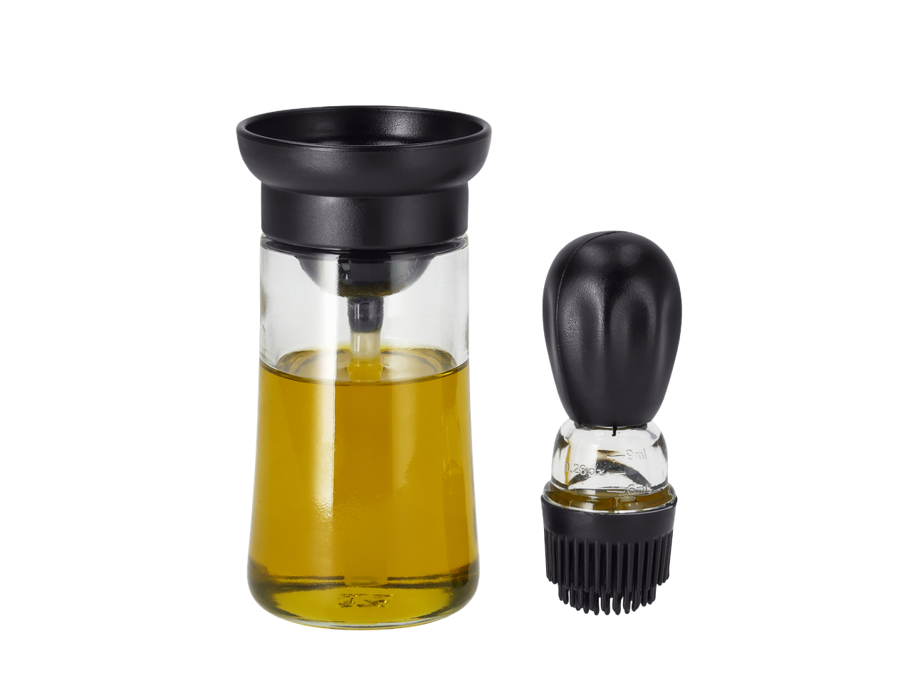 Стъклена бутилка за олио с дозатор и четка за мазане.