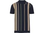 Navy blue and beige striped men's polo shirt.