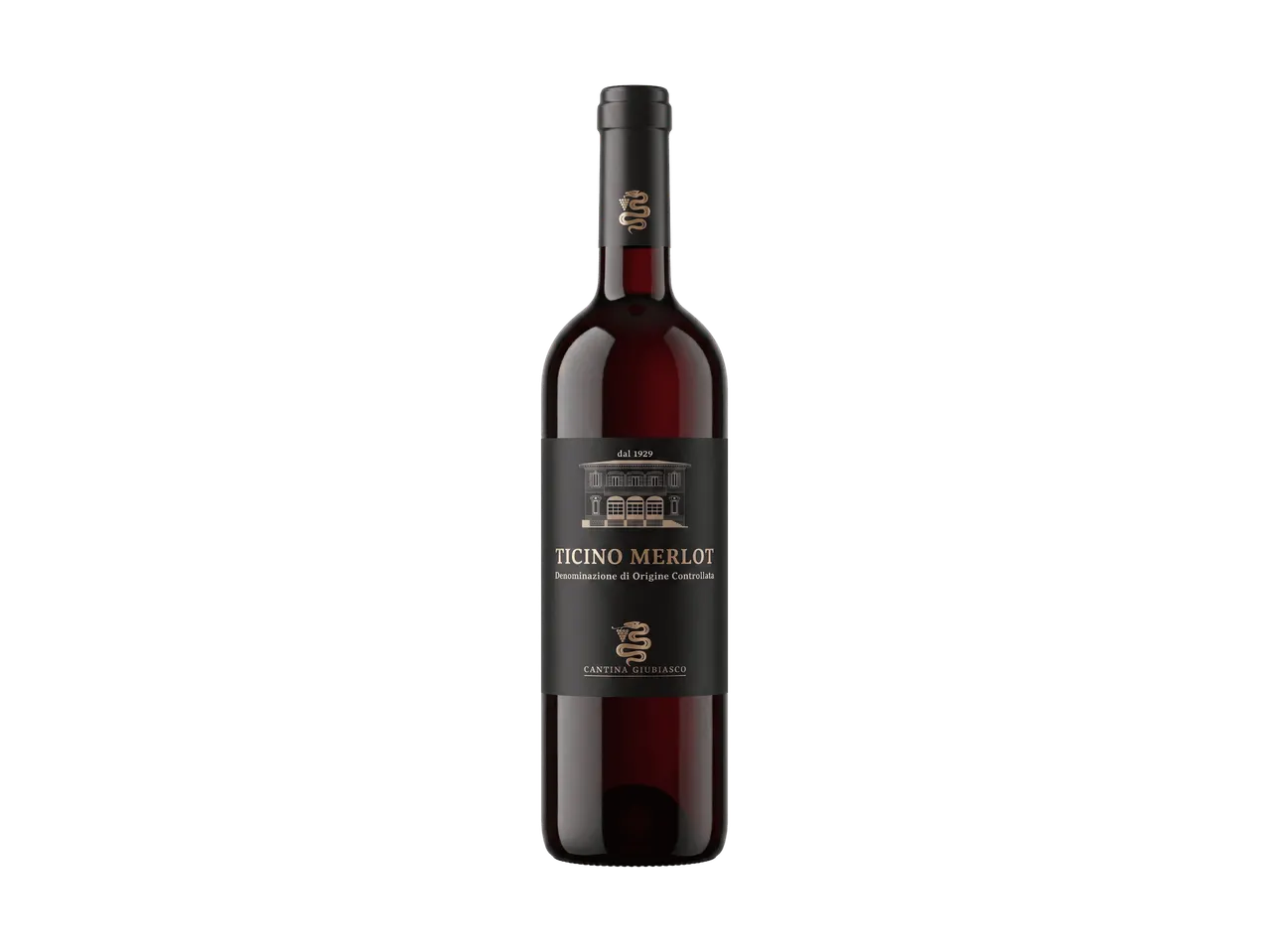 Bouteille de vin rouge avec une étiquette noire et dorée, texte « TICINO MERLOT »