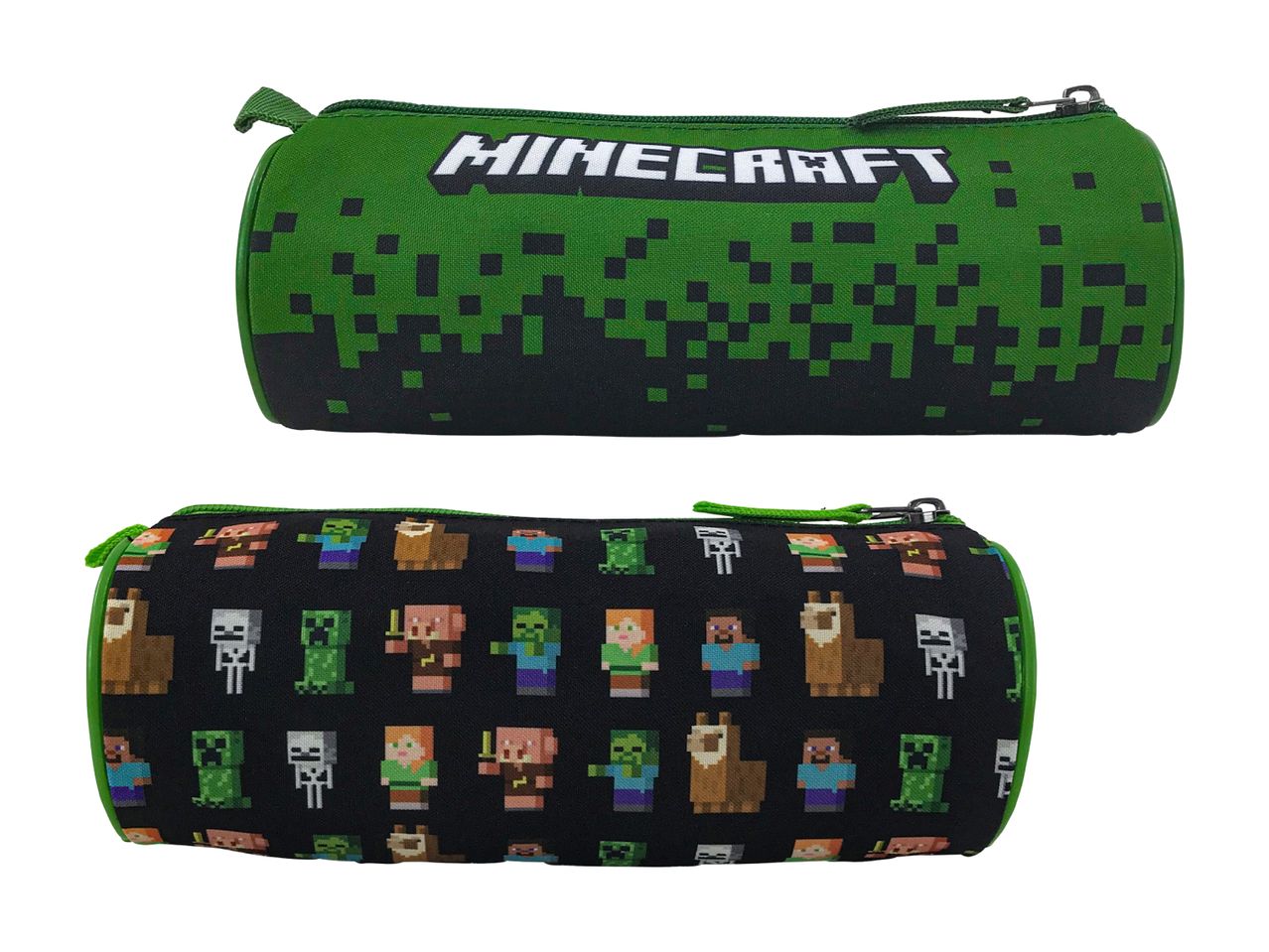 To Minecraft penalhuse, et med pixel-design og et med Minecraft-figurer.