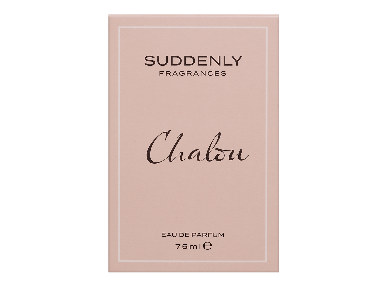 Une boîte de parfum rose clair pour Suddenly Fragrances Chalou, Eau de Parfum 75ml.