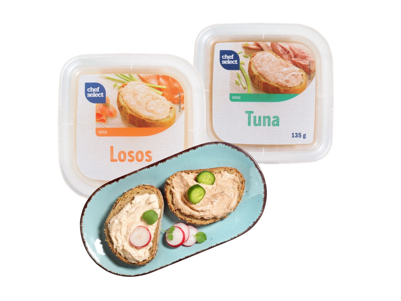 Tri vrste namazov Albert Heijn: Tunina, lososova in piščančja.