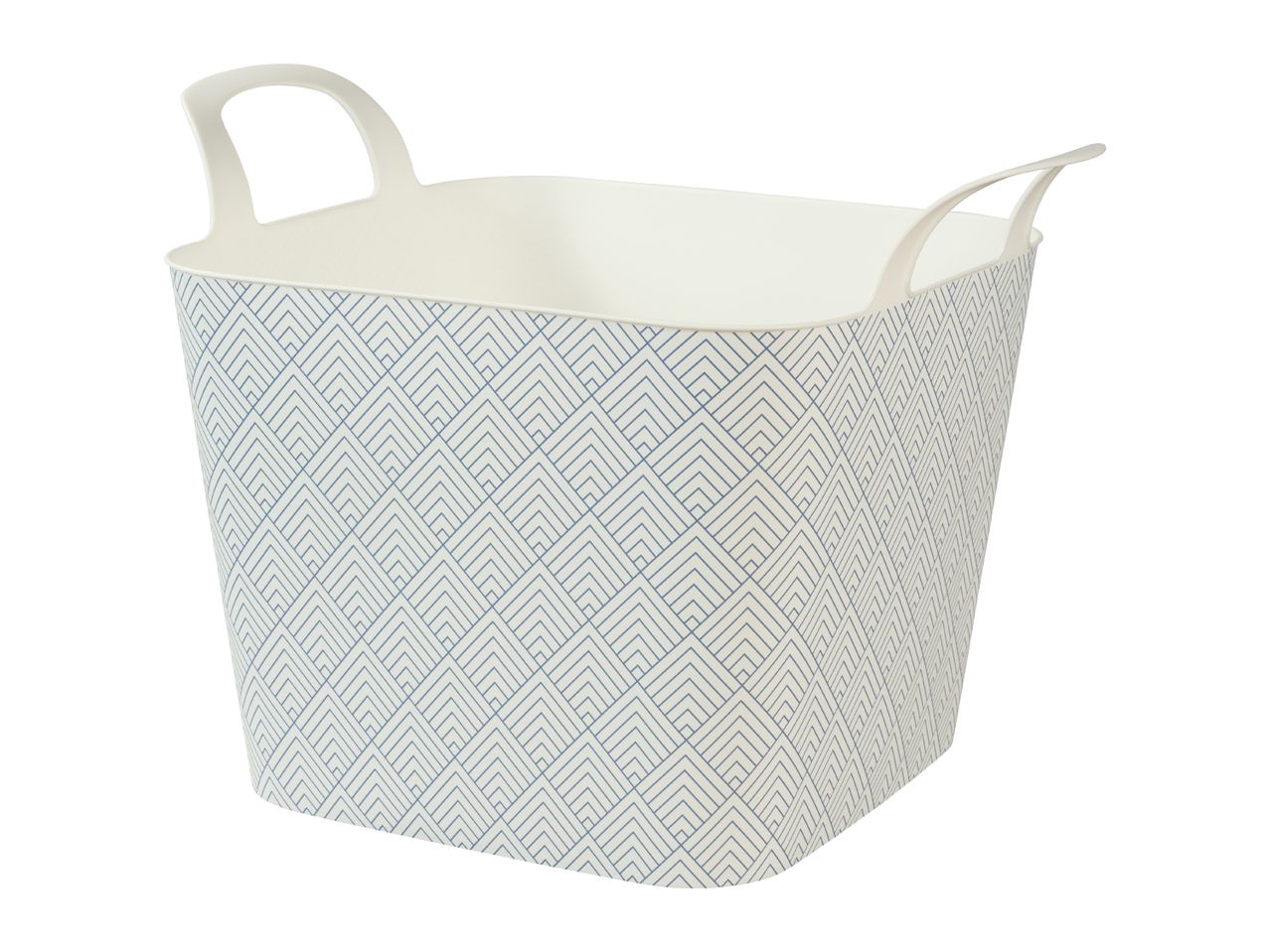 White laundry basket with blue geometric pattern and handles
