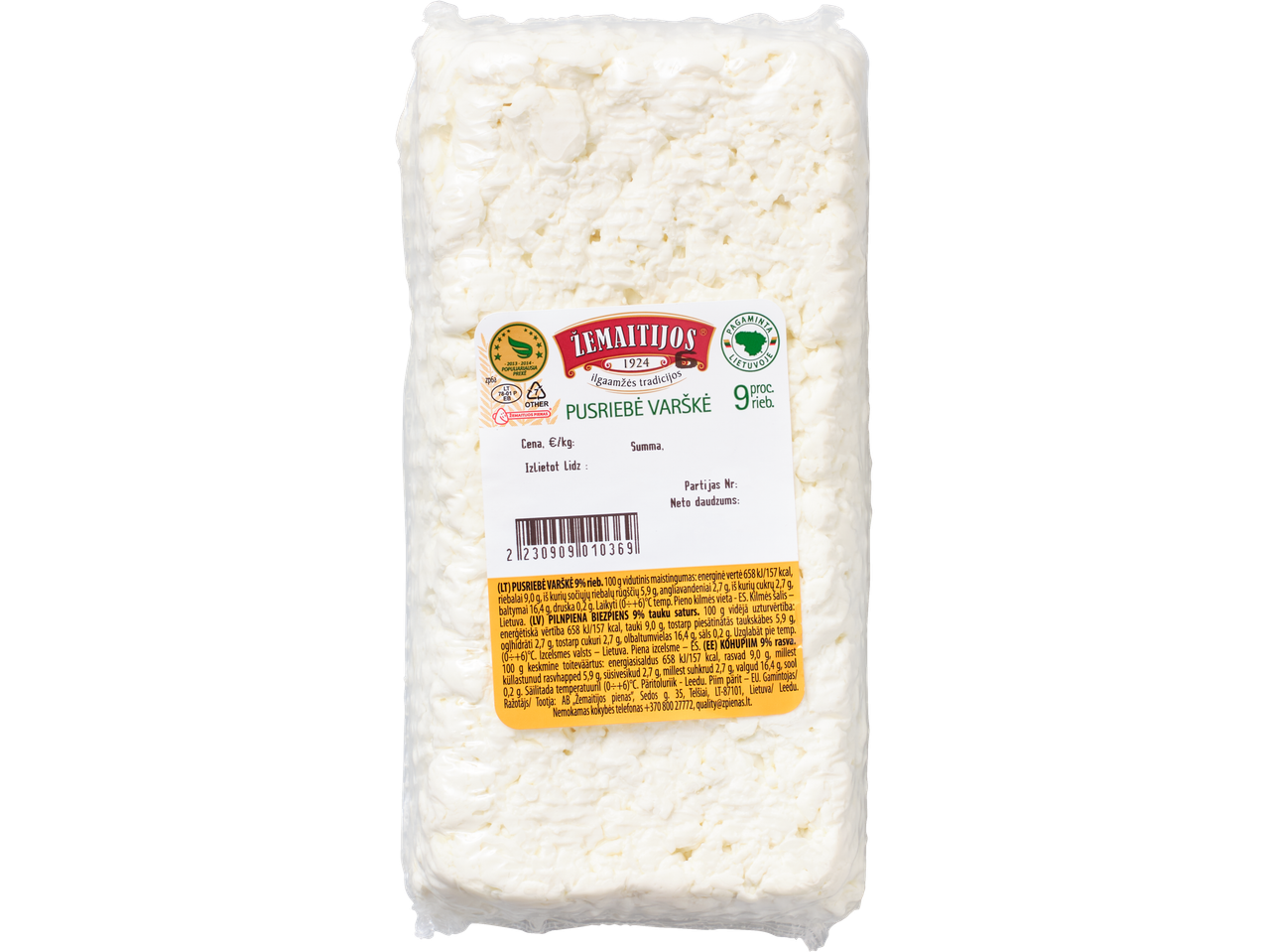 Žemaitijos 9% tauku satura pusbieza biezpiena iepakojums.