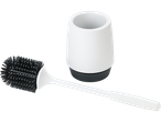 Escova de vaso sanitário com suporte: cerdas pretas, design branco e cinza.