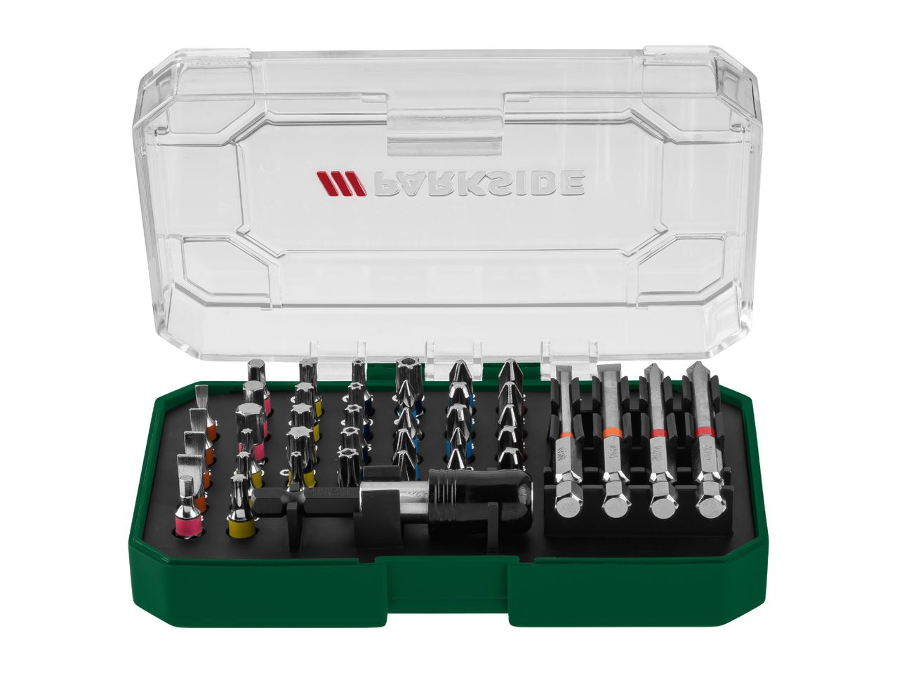 A set of screwdriver bits and accessories in a green and clear plastic case, with various bit types and sizes.
