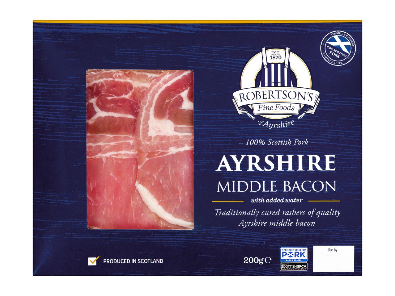 Pack of Ayrshire middle bacon with a traditional Scottish theme, 200g.