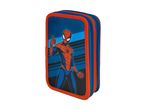 Blue and red pencil case with a superhero character giving a thumbs up.