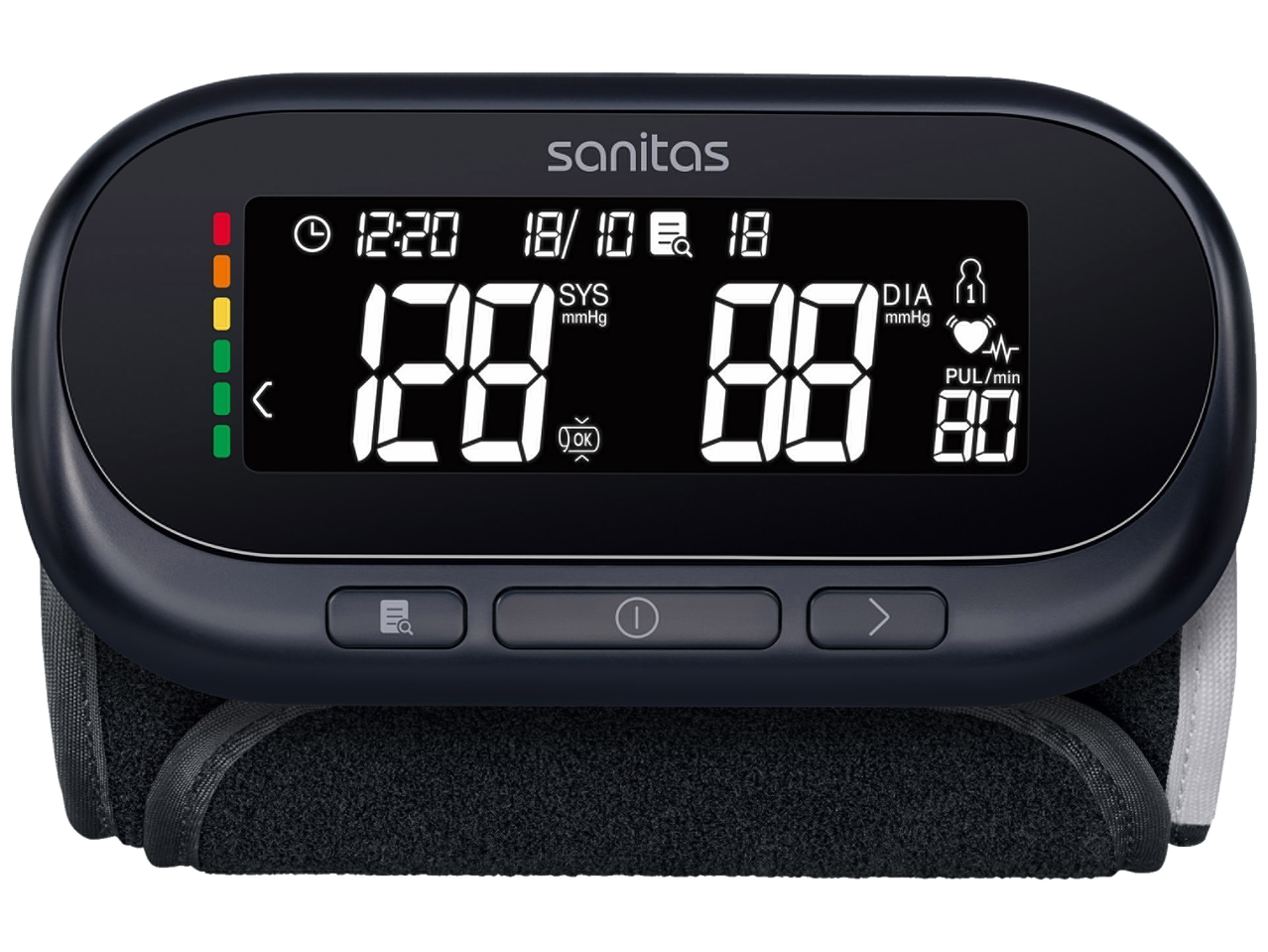 Sanitas asinsspiediena mērītājs ar lielu displeju rāda asinsspiediena un pulsa vērtības.
