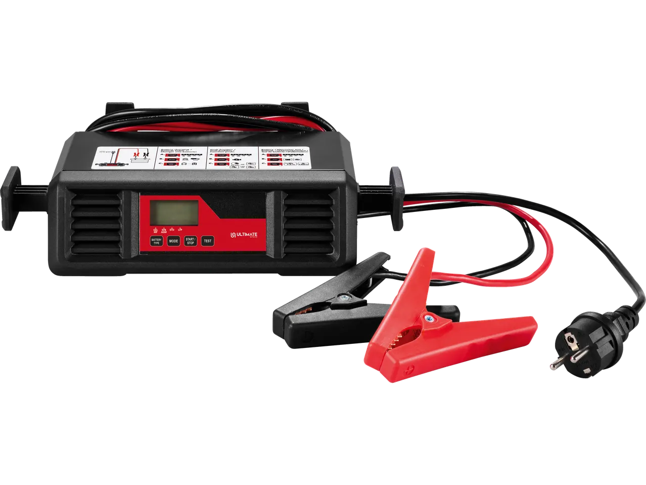 Ultimate Speed akumuliatoriaus įkroviklis su ekranu ir akumuliatoriaus gnybtais.