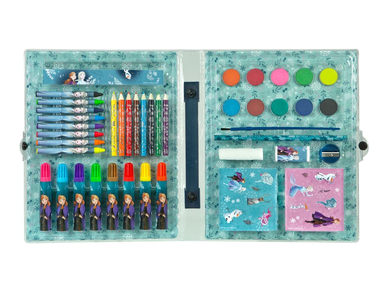 An art set with colored pencils, markers, paints, and other supplies in a teal carrying case.