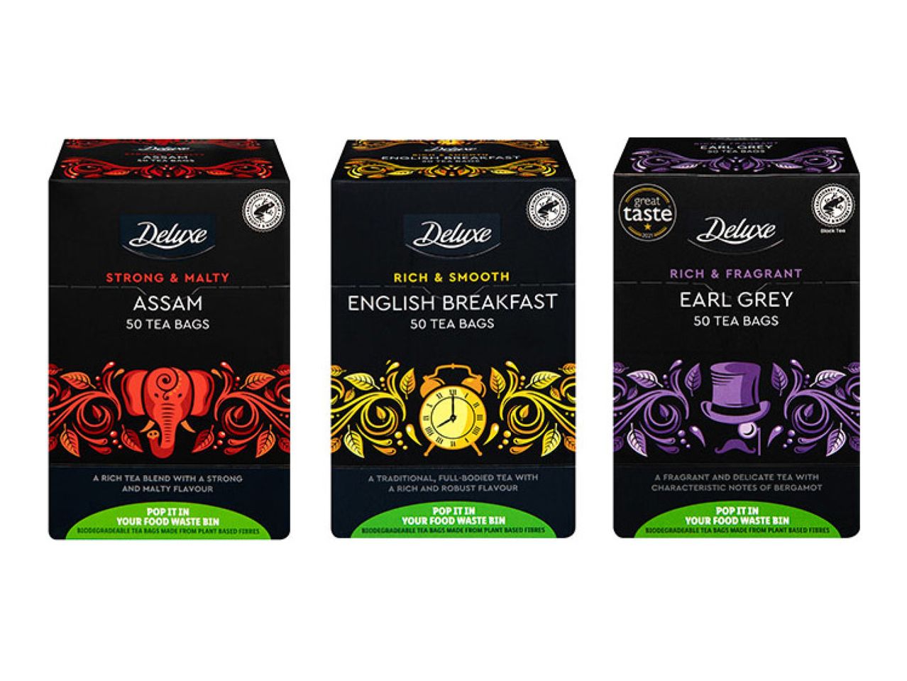 Three boxes of Deluxe tea bags: Assam, English Breakfast, and Earl Grey.