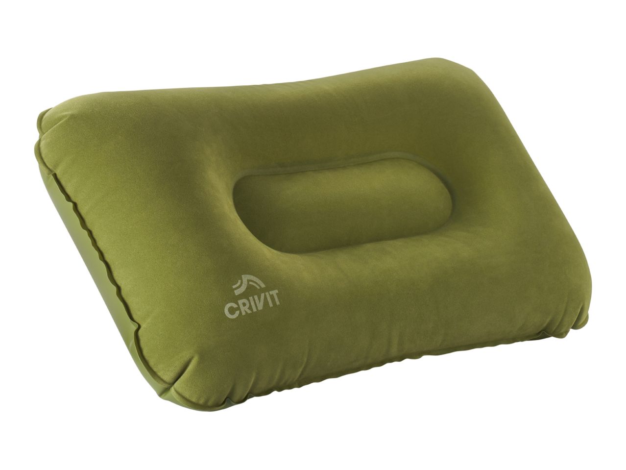 Green inflatable camping pillow with a central indentation and a logo.