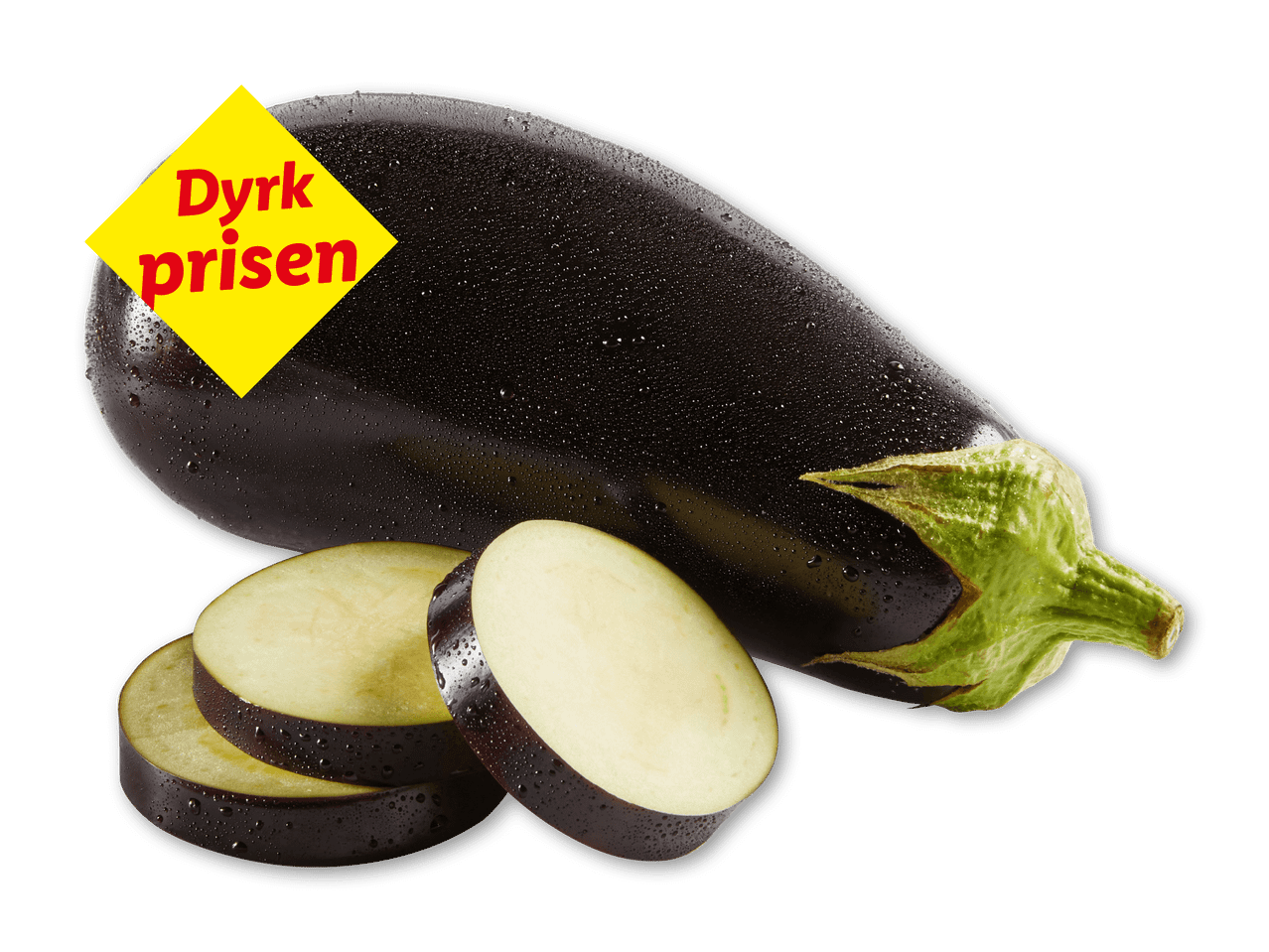 Aubergine med skiver og vanddråber, med teksten 'Dyrk prisen' på en gul diamant.