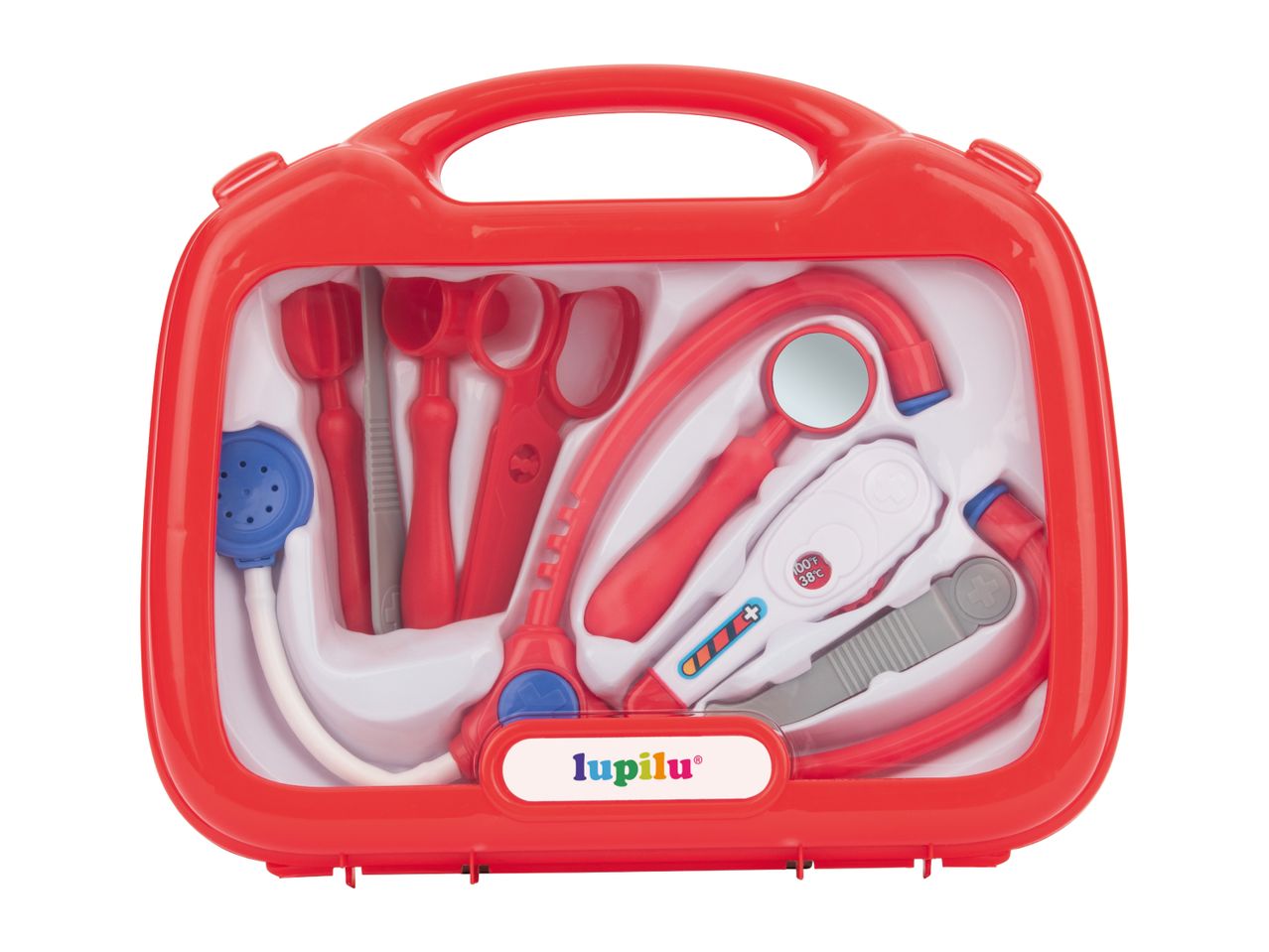 Red toy doctor's kit with stethoscope, thermometer, mirror, and other medical tools.