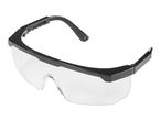 Clear safety glasses with black frames, angled view.