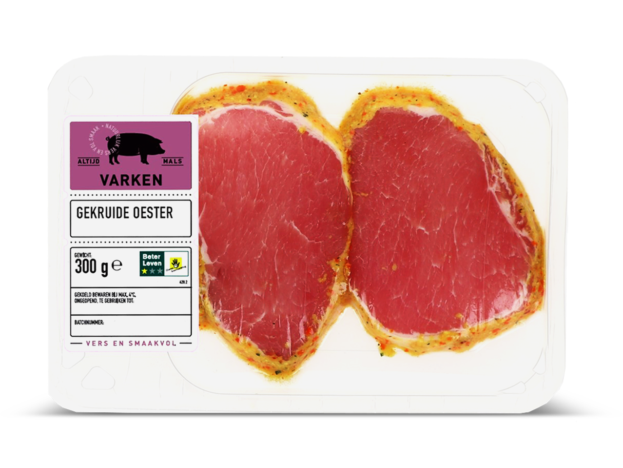 Verpakte gekruide varkensoester van 300 gram met een Beter Leven keurmerk.