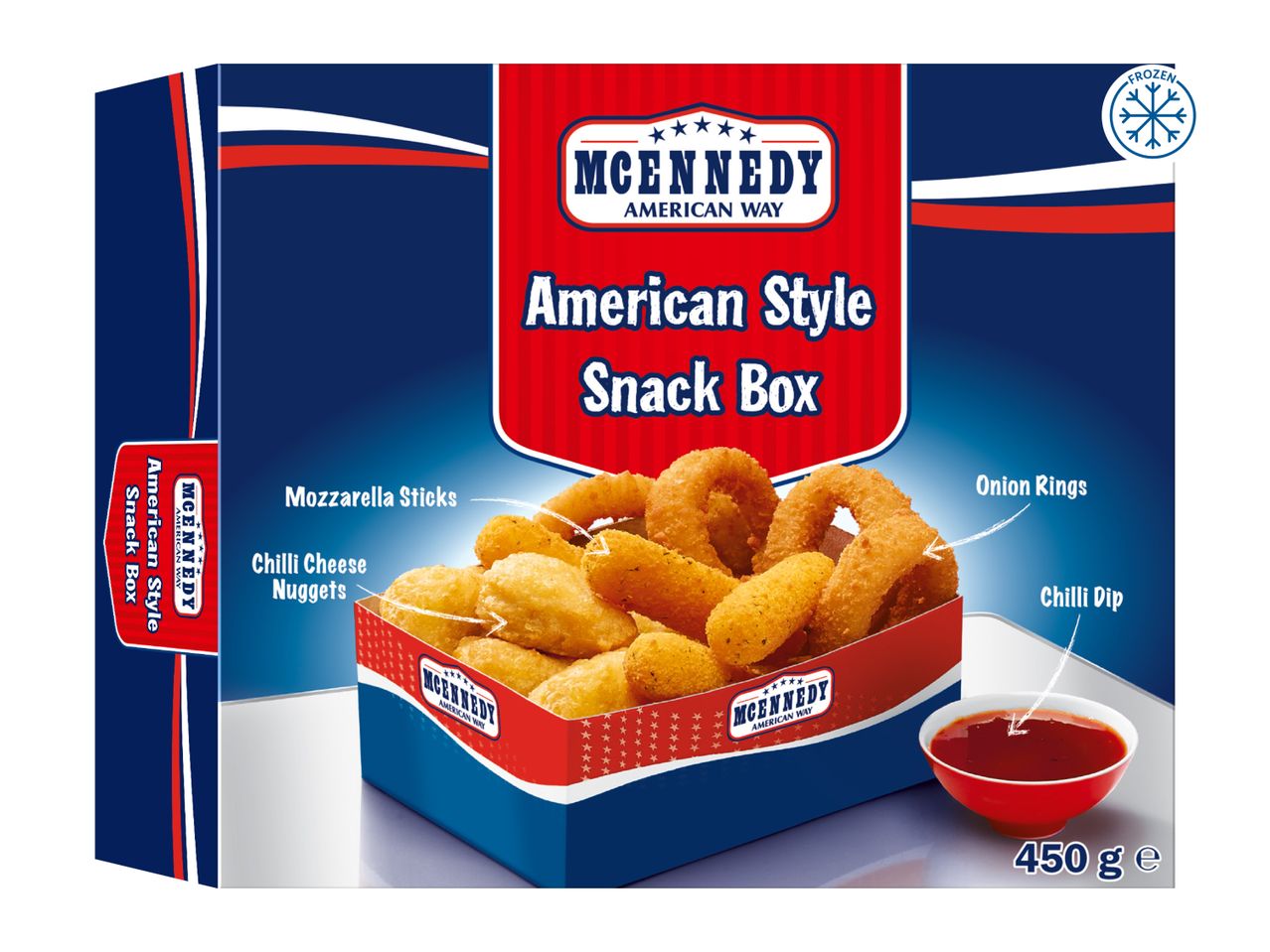 Frozen American-style snack box with mozzarella sticks, chilli cheese nuggets, onion rings, and chilli dip.