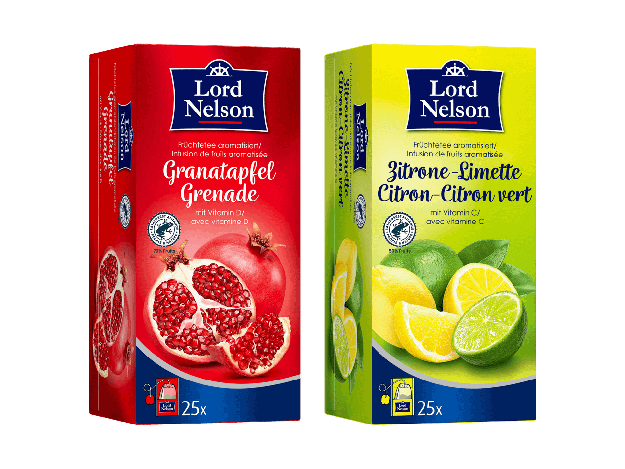 Zwei Packungen Früchtetee in den Sorten Granatapfel und Zitrone-Limette.