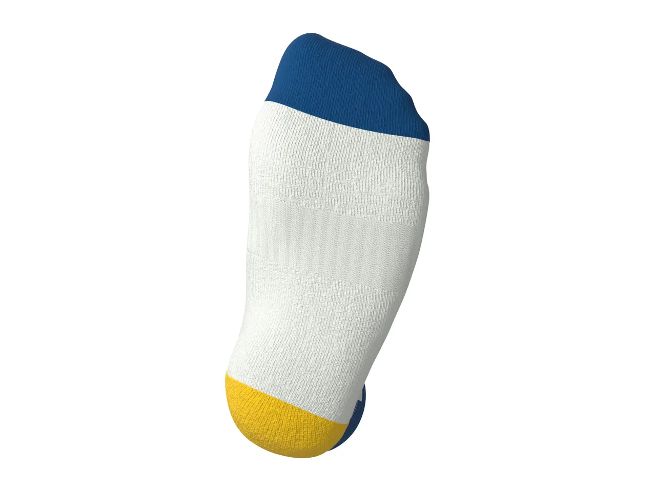 Single white sock with blue top and yellow toe