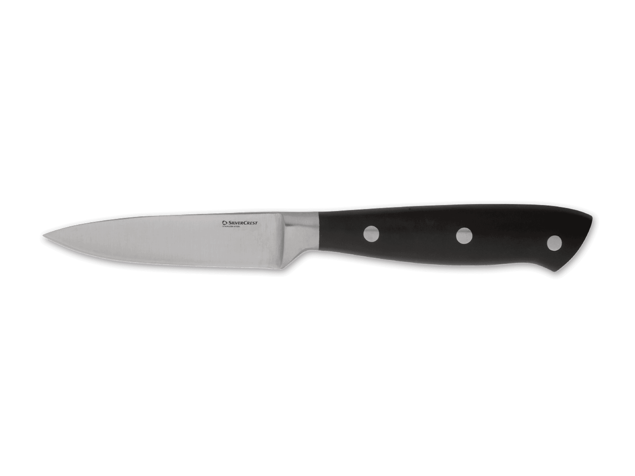 Ein kleines, schlichtes Küchenmesser mit schwarzem Griff.