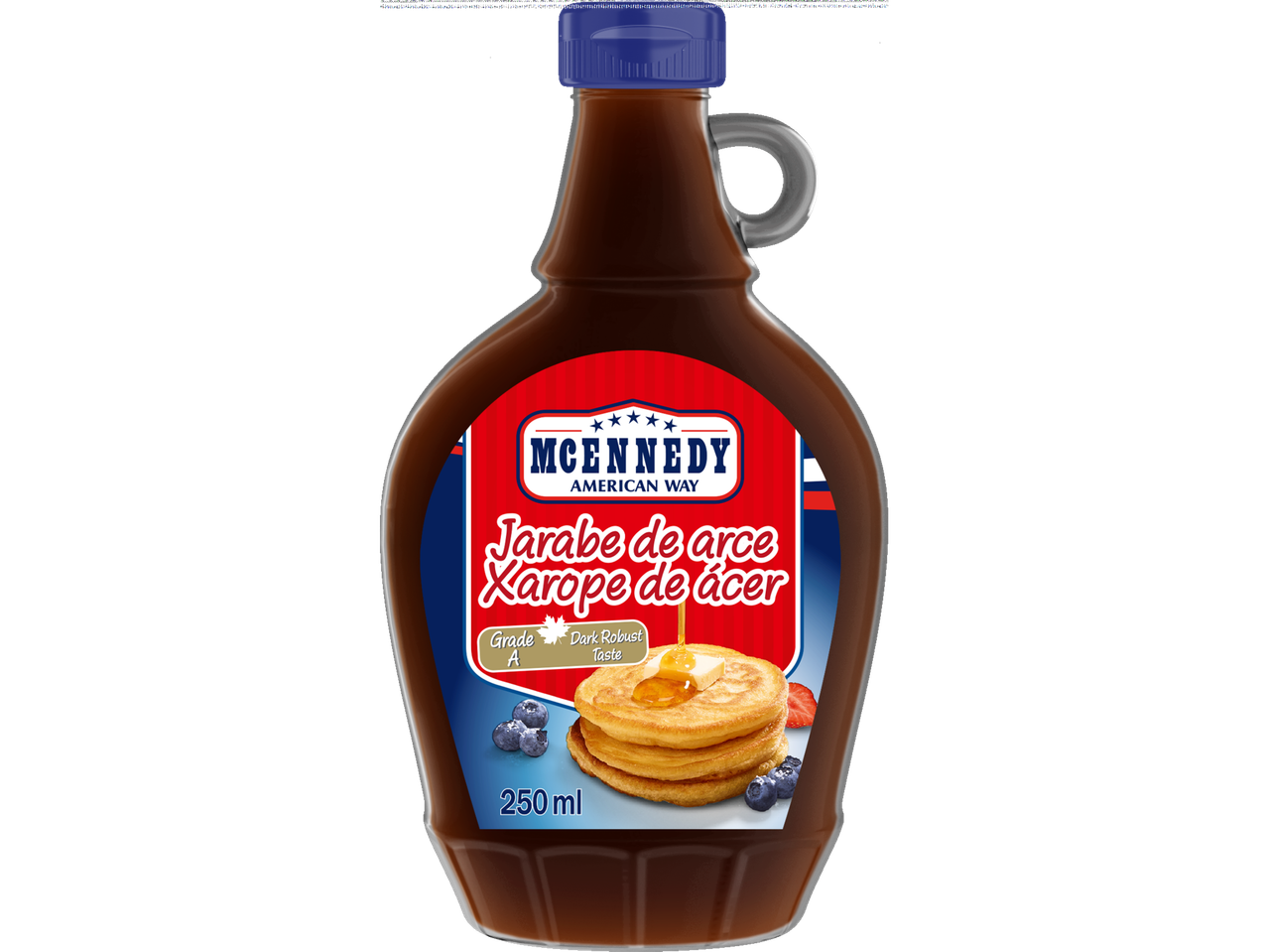 Xarope de ácer McKennedy, 250 ml, com panquecas.