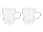 Two clear glass mugs with handles, isolated on a white background.