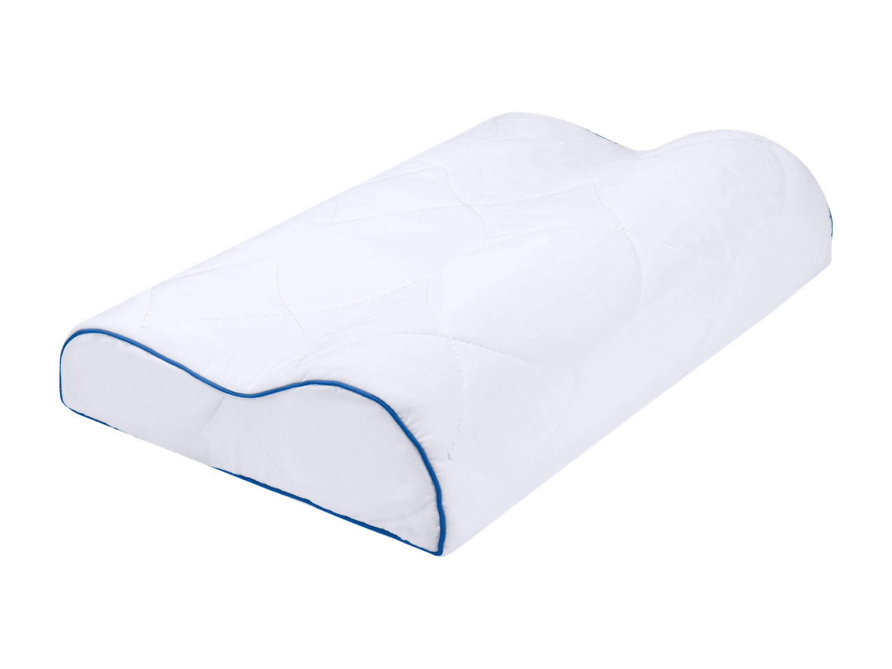 Ergonomisches Nackenkissen in Weiß mit blauer Paspelierung, auf schwarzem Hintergrund.