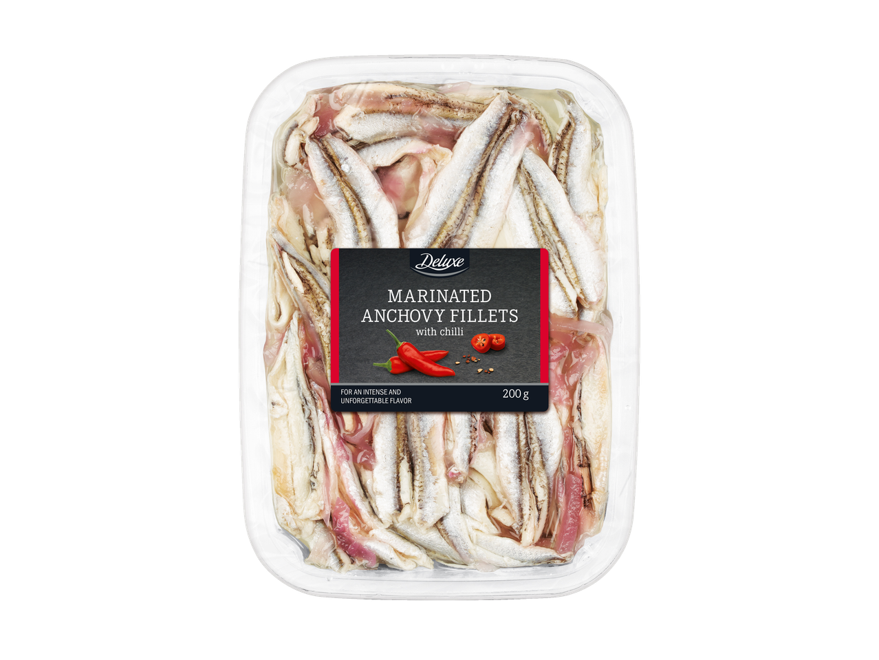 Deluxe marinētas anšovu filejas ar čili.