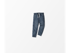 A pair of blue denim jogger pants for kids with a drawstring waist.