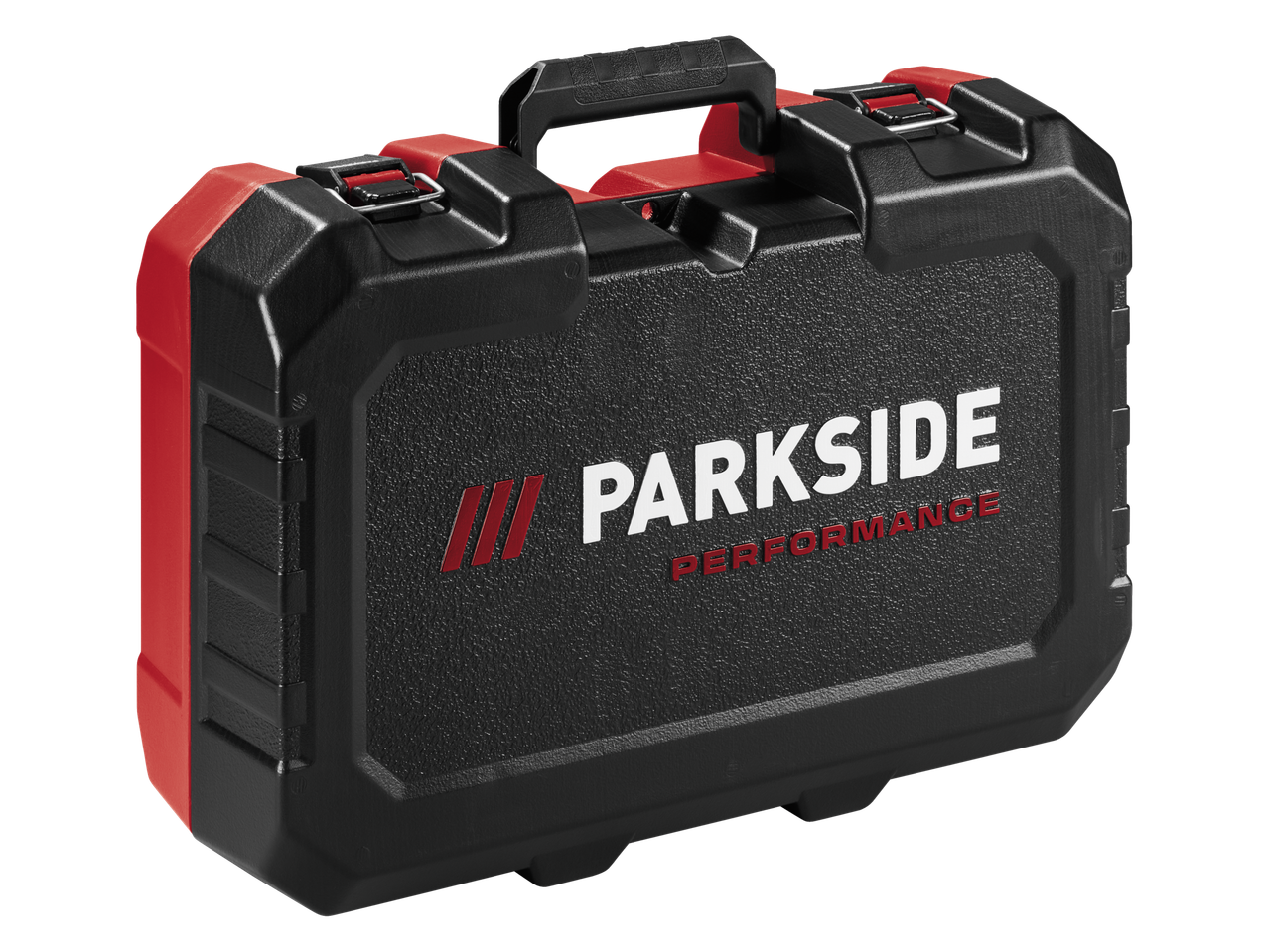 Juodas Parkside Performance® dėklas su raudonais akcentais ir rankena.