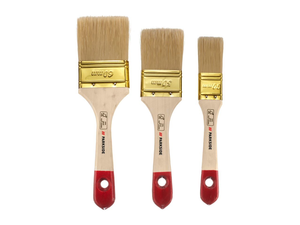 Three paintbrushes of varying sizes (60mm, 50mm, 30mm) with wooden handles and red tips.