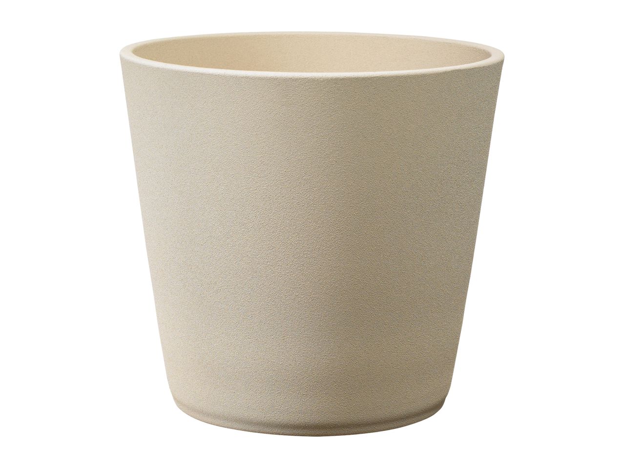A beige, textured plant pot with a slightly tapered shape.