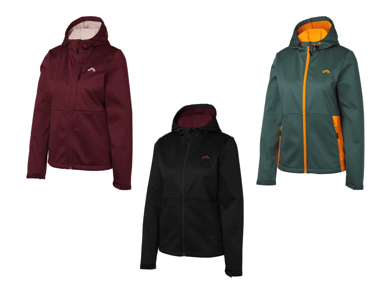Kolme naisten softshell-takkia: viininpunainen, musta ja tummanvihreä oransseilla yksityiskohdilla.