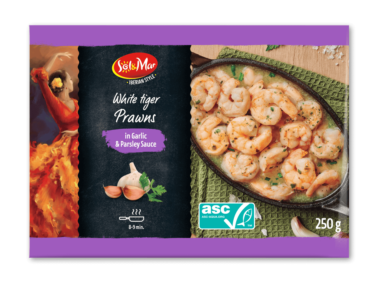 Hvid tigerrejer i hvidløgs- og persillesauce, 250g, med spansk danser og tilberedningsinstruktioner.
