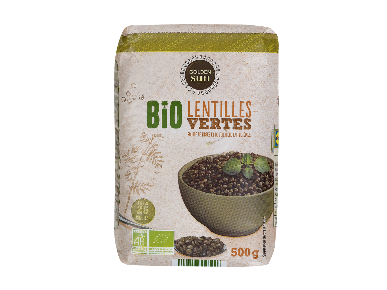 Lentilles vertes biologiques Golden Sun, paquet de 500g.