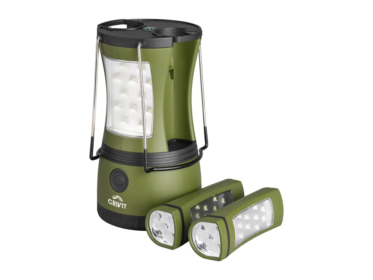Green camping lantern with two detachable flashlights, featuring LED lights and a compass.