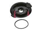 Black plastic vacuum cleaner filter with red accents and a separate rubber ring