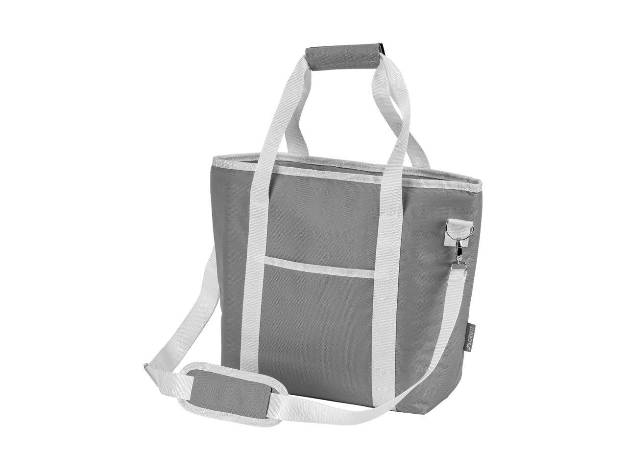 Grey cooler bag with white straps and a shoulder pad, featuring a front pocket.