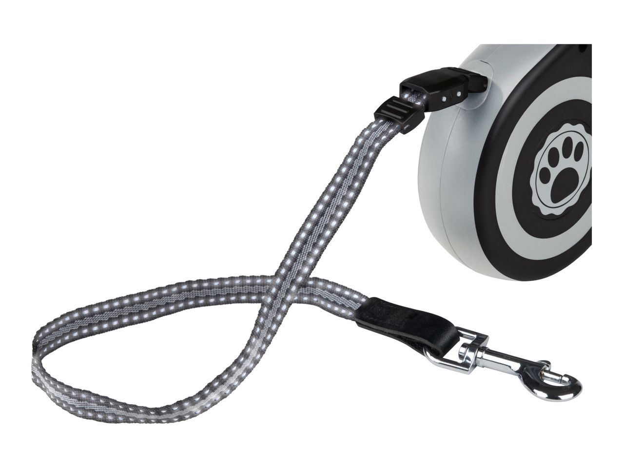 Retractable dog leash with reflective tape and a paw print design on the casing.