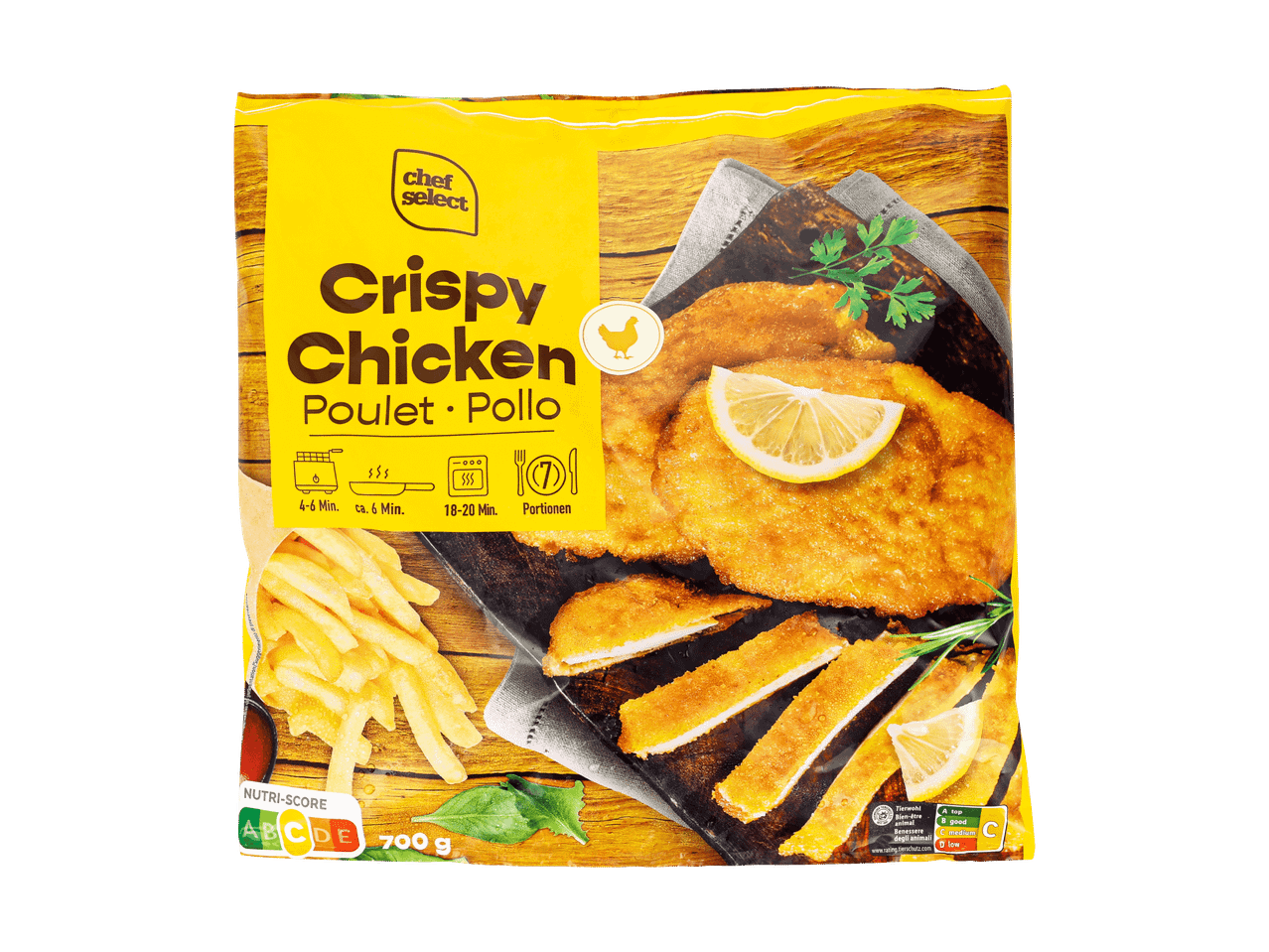 Packung knuspriges Hähnchen mit Pommes, Zitrone und Petersilie, Nutri-Score C.