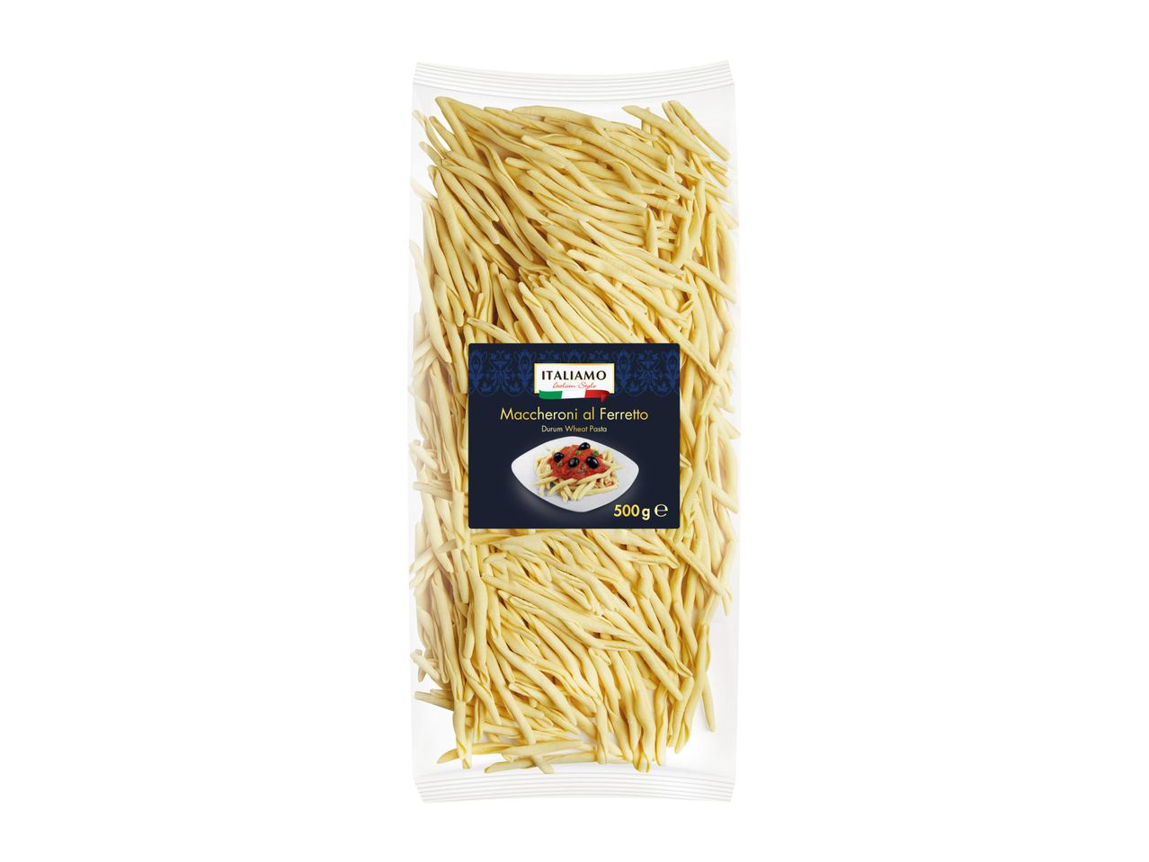 A clear plastic bag of Maccheroni al Ferretto pasta with an 'ITALIAMO' brand label.