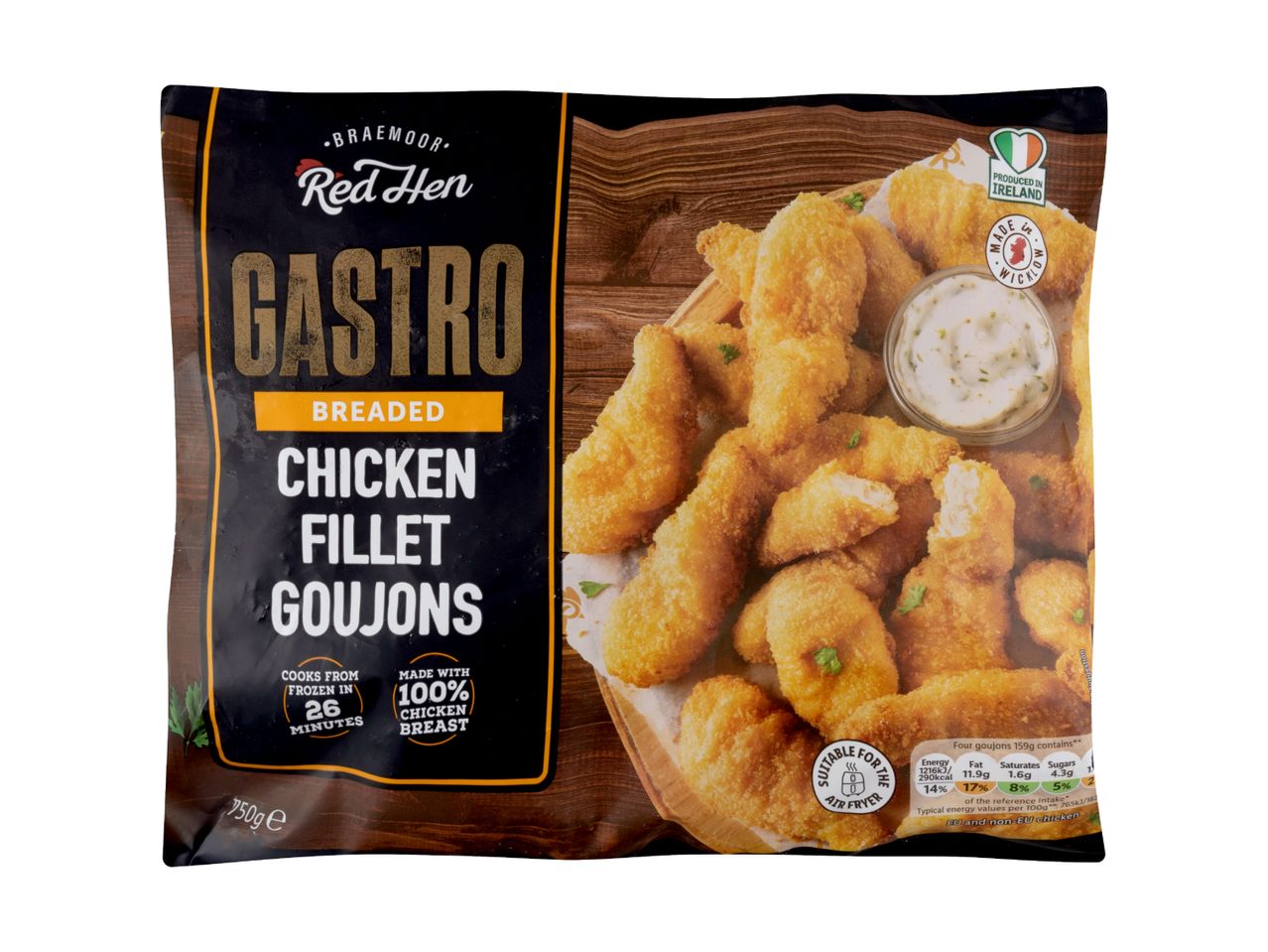 A package of Braemoor Red Hen Gastro Breaded Chicken Fillet Goujons.