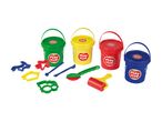 Farverig Play-Doh-lignende modellervoks med tilbehør i spande.