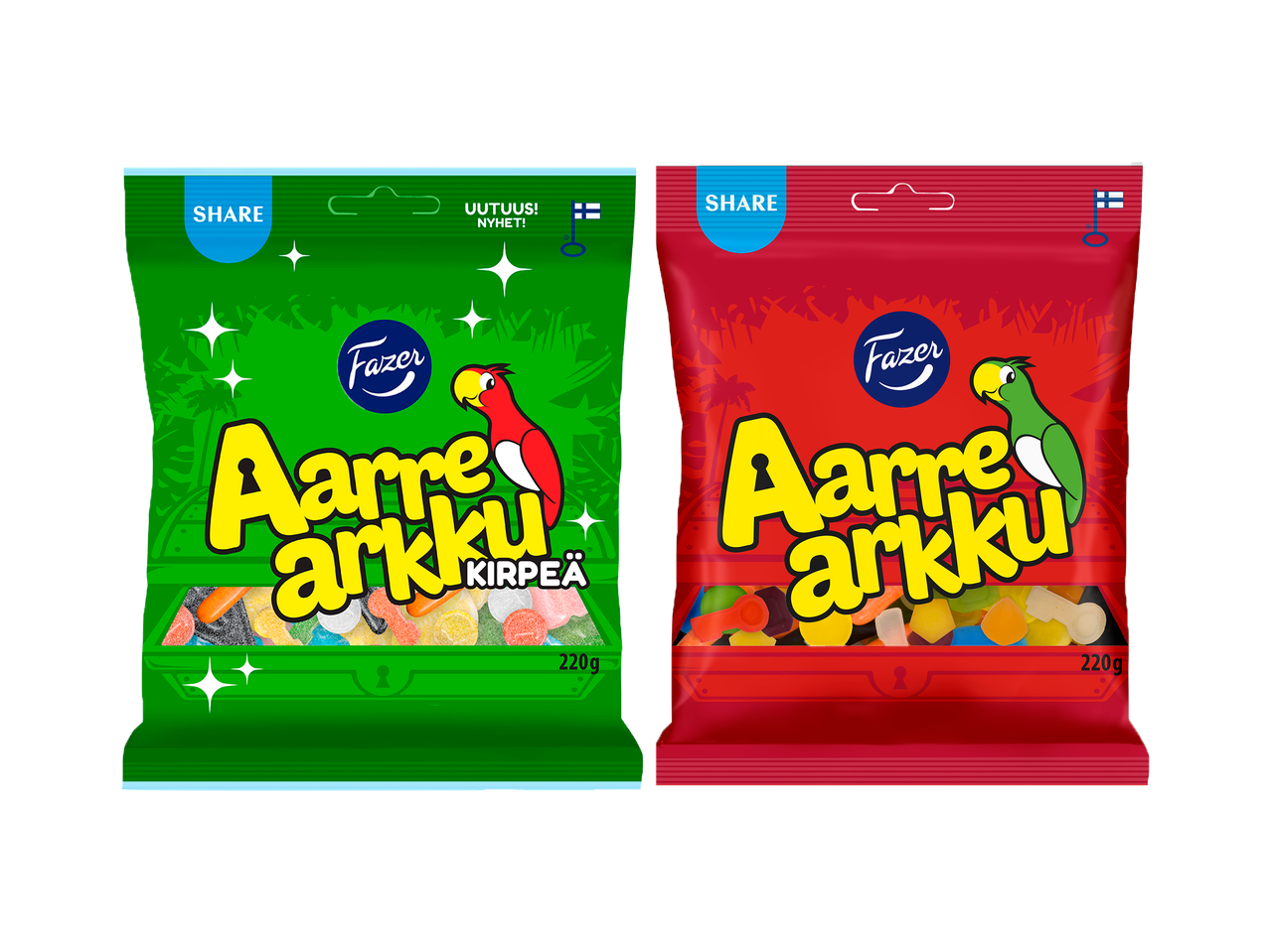 Vihreä ja punainen karkkipussi, joissa lukee Aarrearkku.