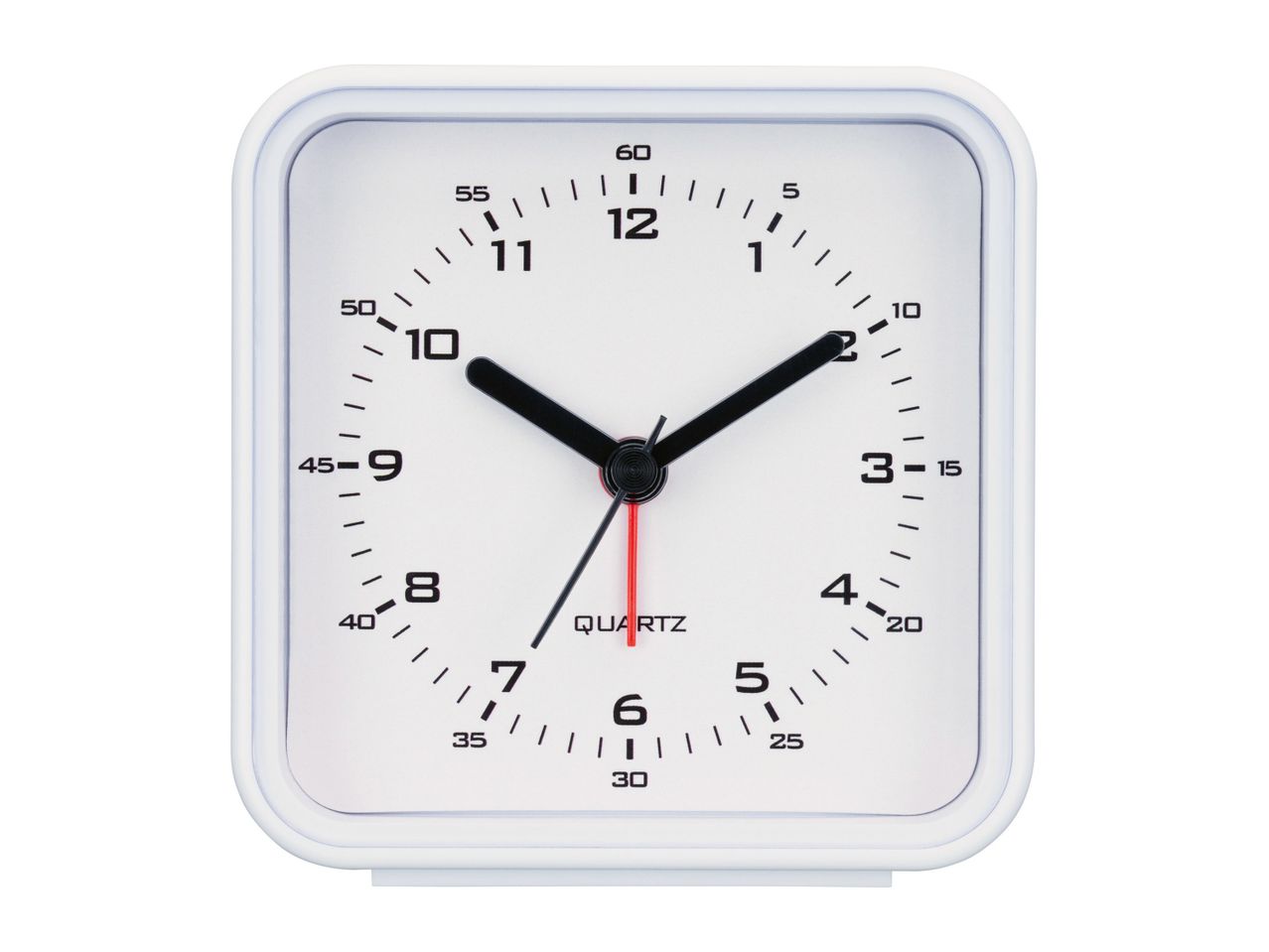A white square alarm clock with black hands and a red second hand.