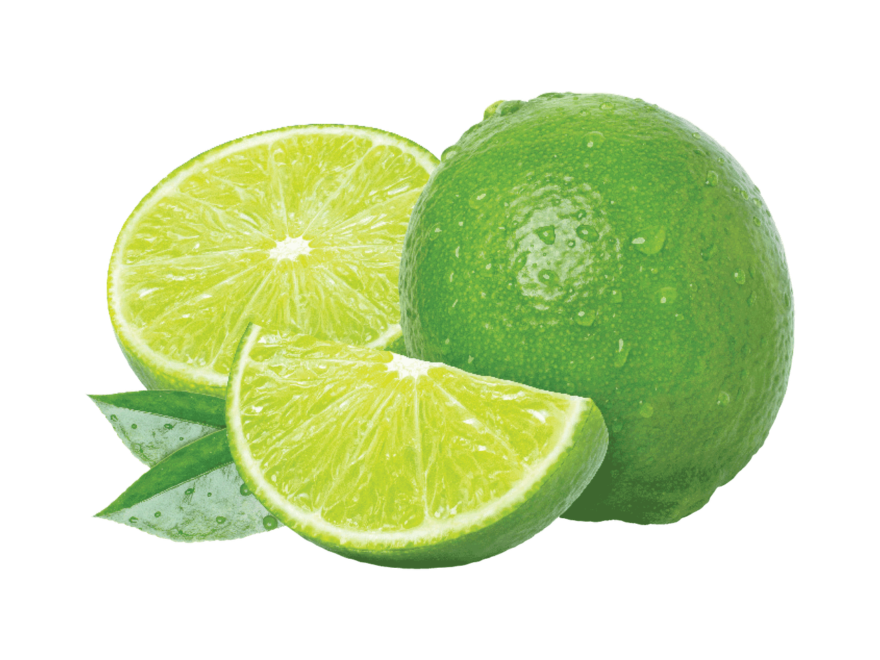 Šviežios žaliosios citrinos, viena perpjauta pusiau, su lašeliais ant odelės.
