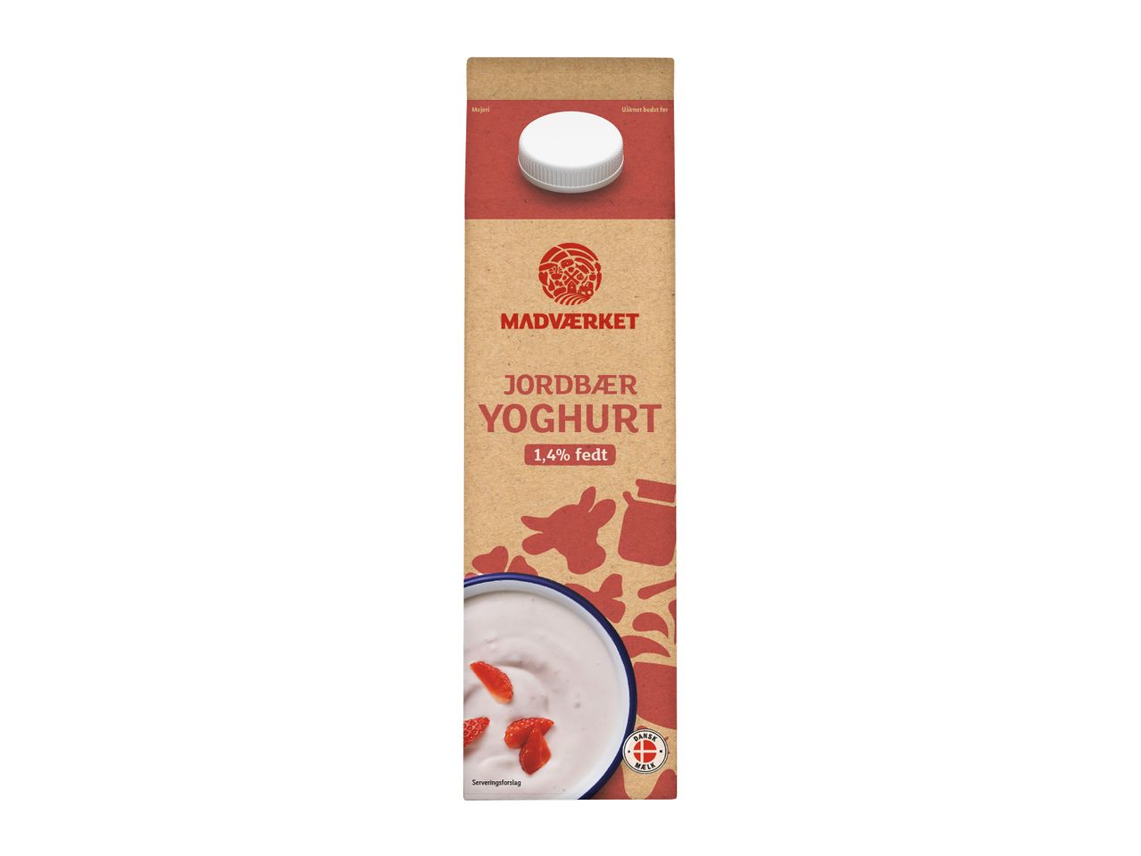 Madvaerk jordbær yoghurt med 1,4% fedt i en karton.