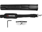 PARKSIDE® 20V Cordless Extendable Hedge Trimmer accessories, including a shoulder strap, safety glasses, and an Allen key.
