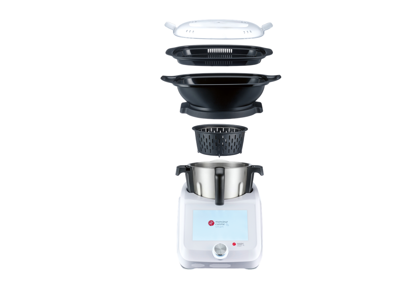 Máquina de cozinha Monsieur Cuisine Smart com peças separadas.